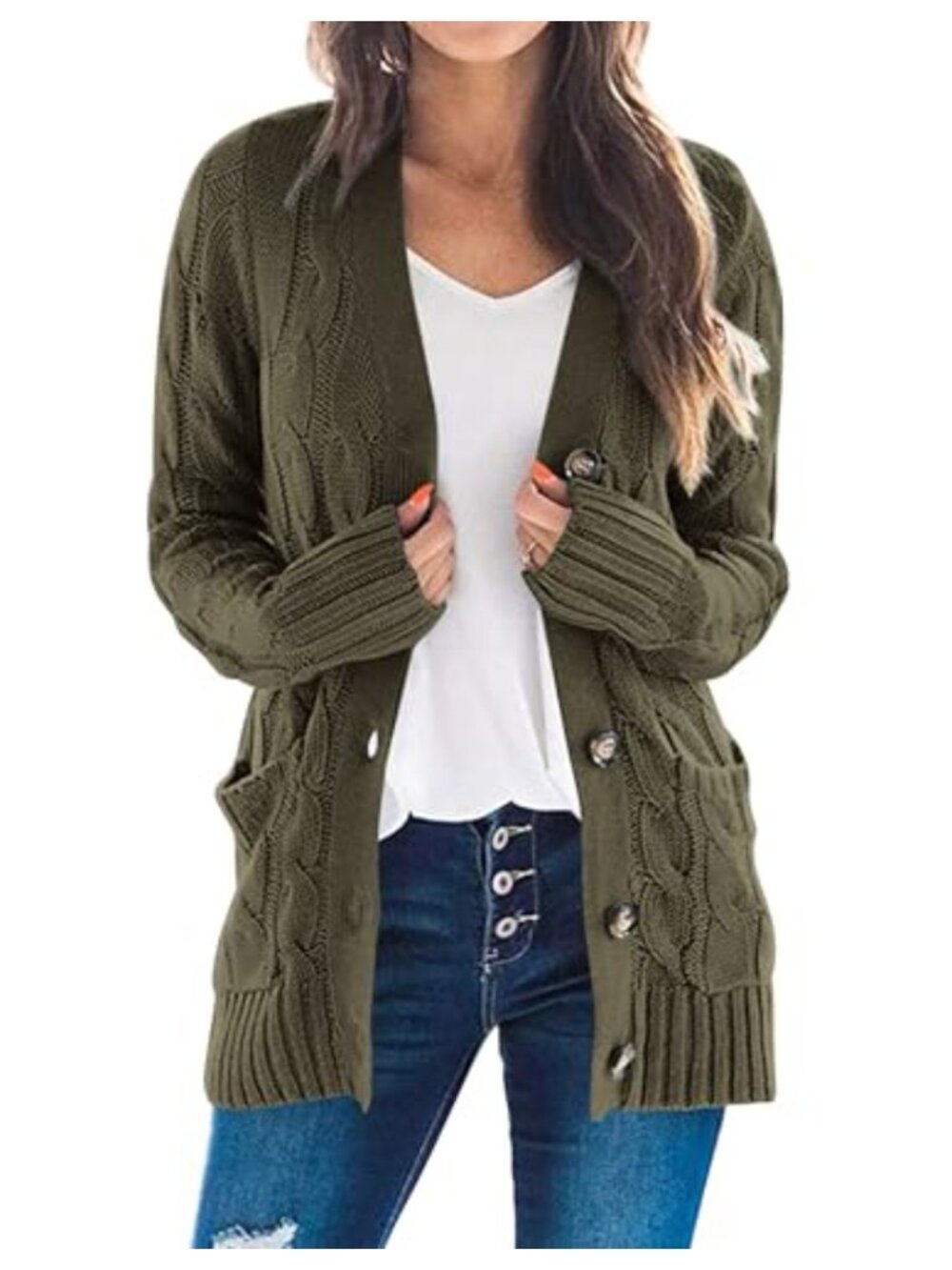 Cable Knit Button Down Cardigan Sweater Long Sleeve Fall